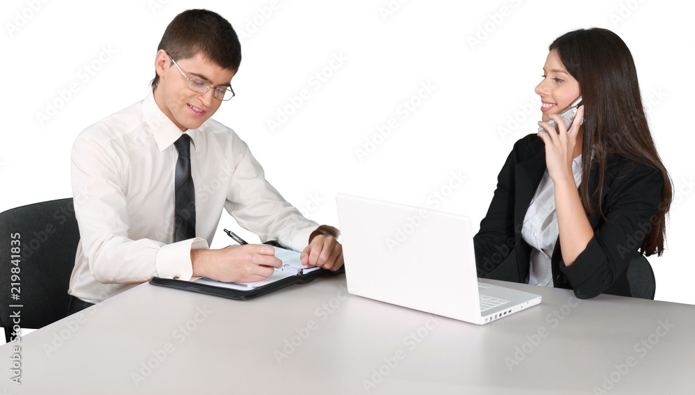 Businessman and Businesswoman at Work - Isolated Businessman and Businesswoman at Work - Isolated