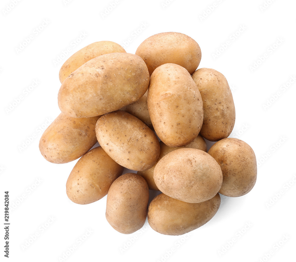 Fresh ripe organic potatoes on white background, top view Fresh ripe organic potatoes on white background, top view
