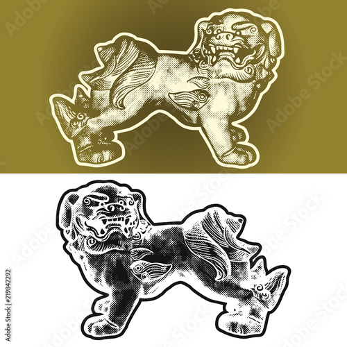 Oriental mythical symbol - Dogs Fu or Heavenly Lions of Buddha. Vector monochrome graphic illustration in vintage engraving style. East symbolic guard image.