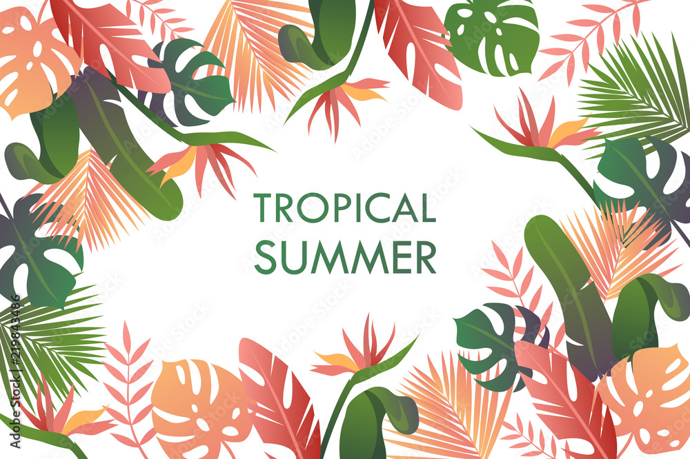 Naklejka premium summer tropical background. colorful tropical plants and flowers. vector illustration