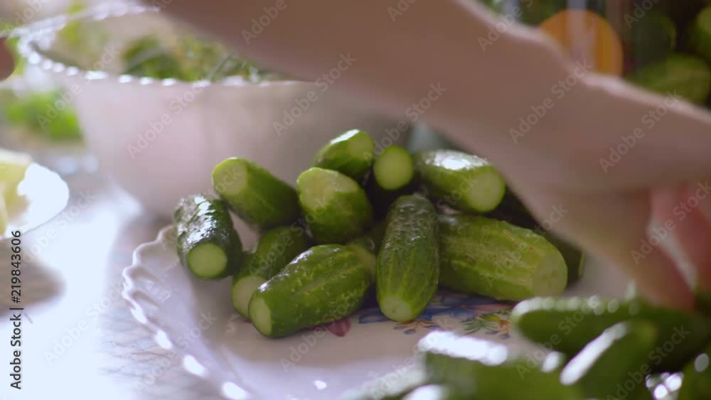 Close-up Woman Cuts Cucumbers for Marinade Cooking Close-up Woman Cuts Cucumbers for Marinade Cooking