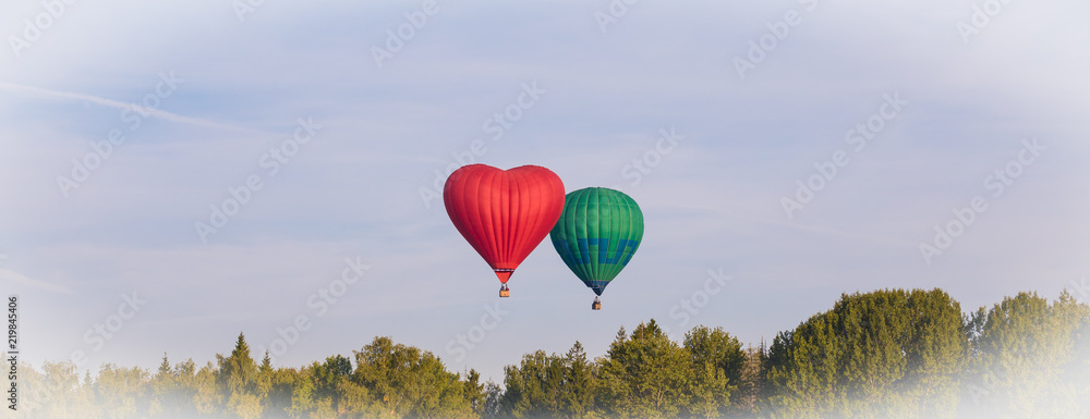 Naklejka Colorful hot-air balloons flying over the forest