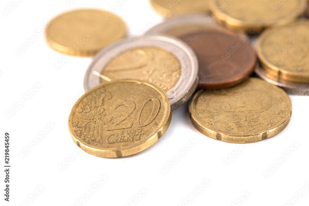 Coins of euro and cents, currency of European market on white background Coins of euro and cents, currency of European market on white background