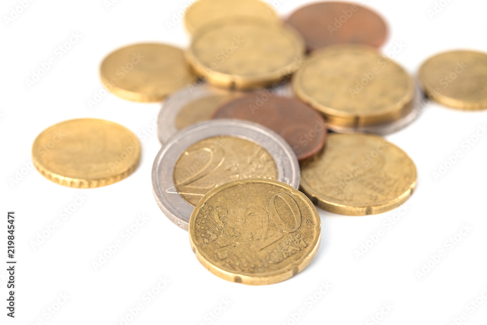 Coins of euro and cents, currency of European market on white background Coins of euro and cents, currency of European market on white background