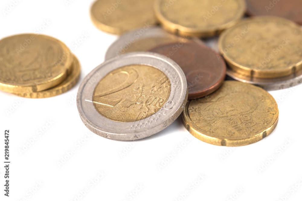 Coins of euro and cents, currency of European market on white background Coins of euro and cents, currency of European market on white background