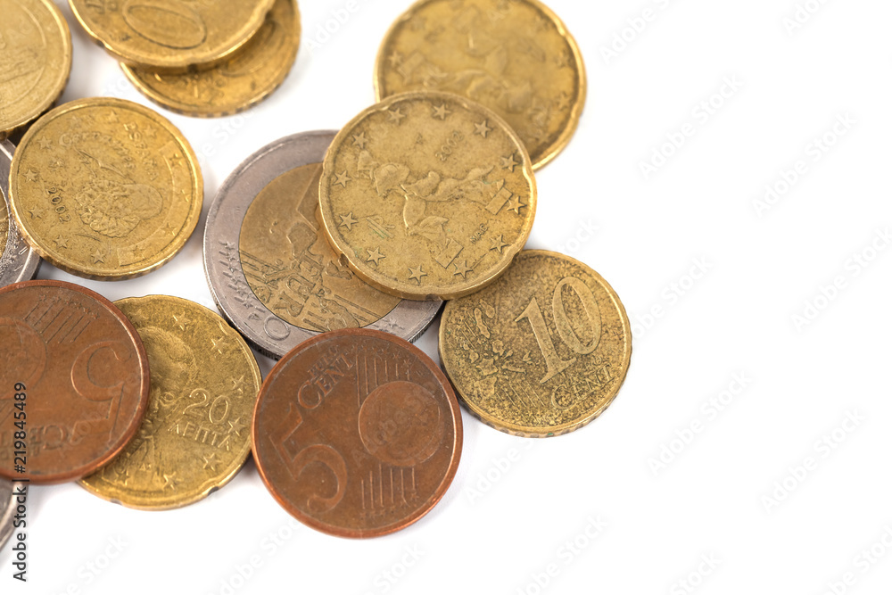 Coins of euro and cents, currency of European market on white background Coins of euro and cents, currency of European market on white background