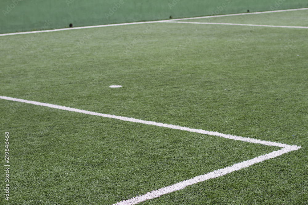 Soccer field with artificial grass, lines to mark the lawn and selective focus on part of the grass