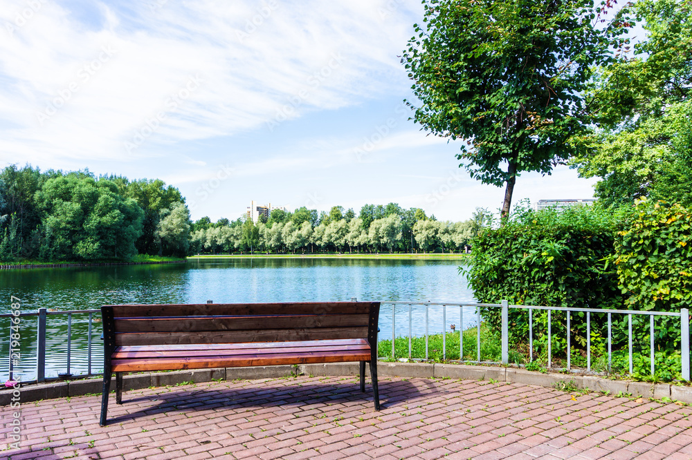 Empty bench at park near a pond bathed in sunlight