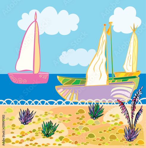 Vector drawing of sailing boats near the shore