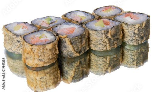 a set of sushi with reflection on white background