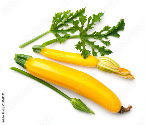 Yellow Zucchini with Leaf and Flower Isolated on White Background