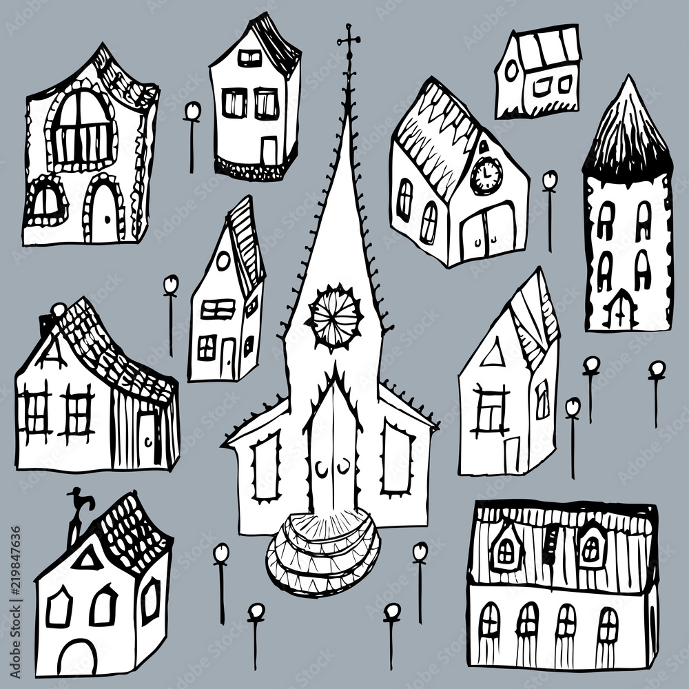 Vector image of various buildings in old town