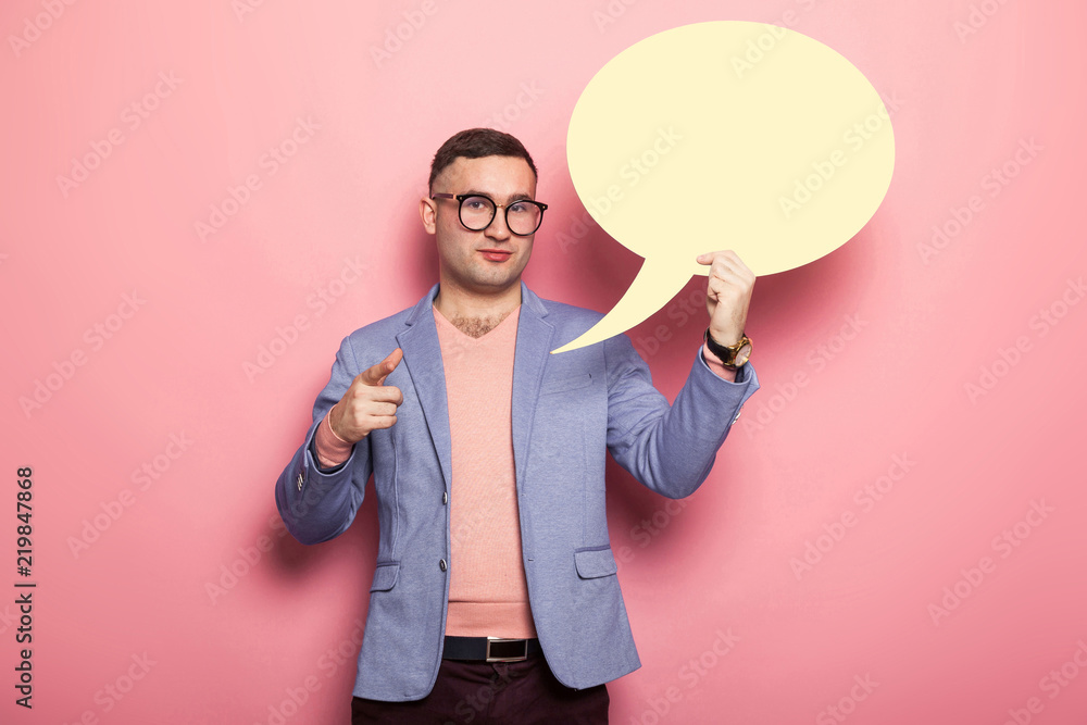 Handsome man in bright jacket with speech bubble Handsome man in bright jacket with speech bubble