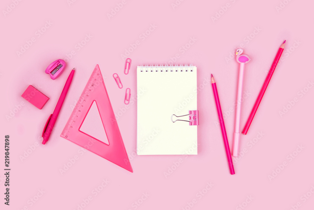 School and office supplies on pink background. School and office supplies on pink background.