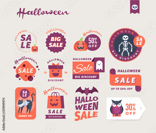 Set of cute Halloween sale promotional stickers, labels and banners. Vector illustration