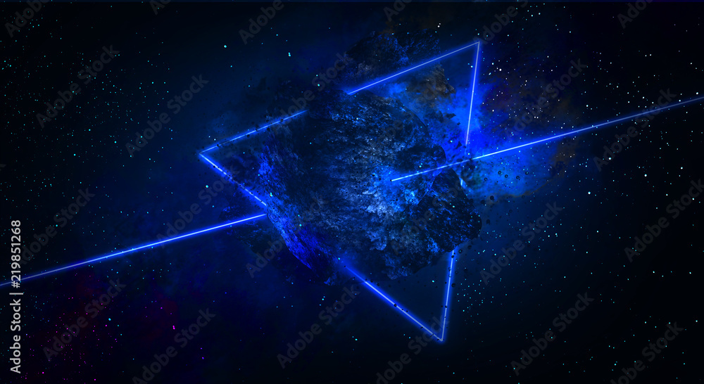 Space abstract background, burning comet, flash, laser through the stone, bright colors