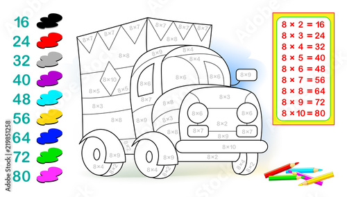 Worksheet with exercises for children with multiplication by eight. Need to solve examples and paint the lorry in relevant colors. Vector cartoon image.