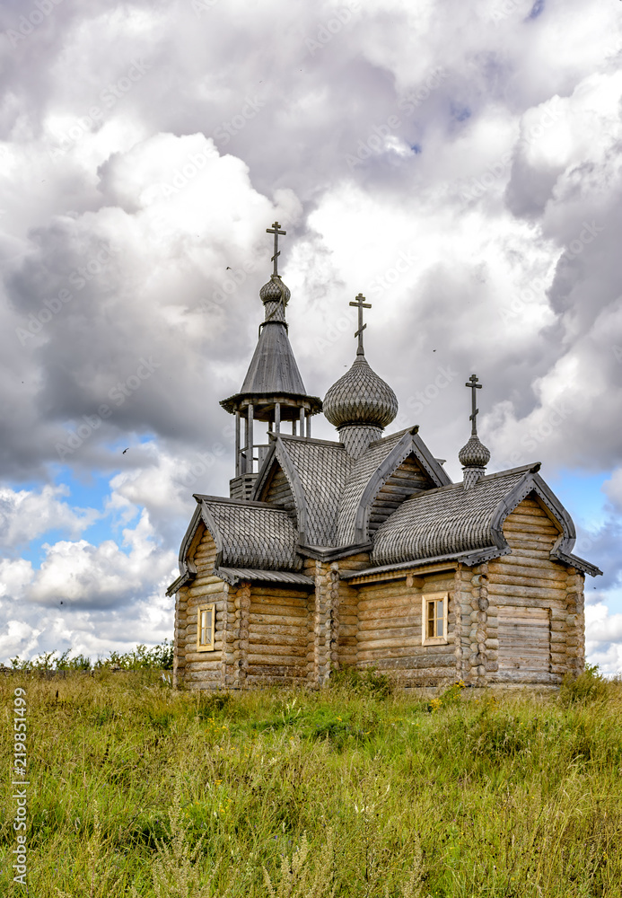 New wooden Church in the ancient village of Muya, Leningrad region.
