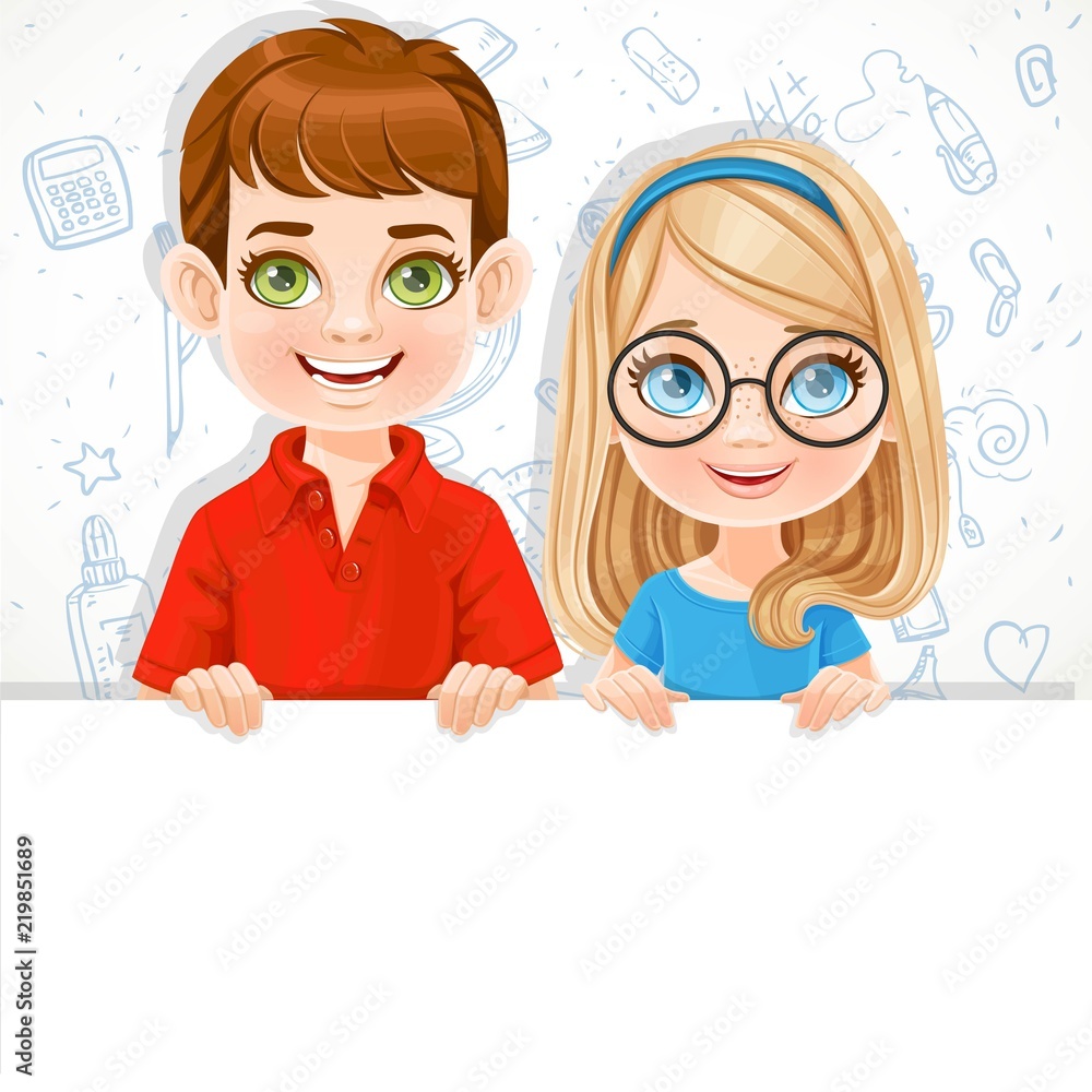 Cute blond girl in glasses and brunette boy holds a large white horizontal banner on a white background with school doodles Cute blond girl in glasses and brunette boy holds a large white horizontal banner on a white background with school doodles