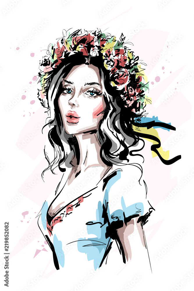 Hand drawn beautiful young ukrainian woman in flower wreath and ethnic ...