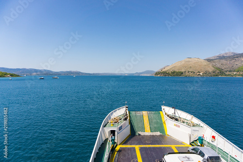 Top view of the bow of a ferry boat in the bay of Argostoli city sailing to Lixouri in Kefalonia Greece