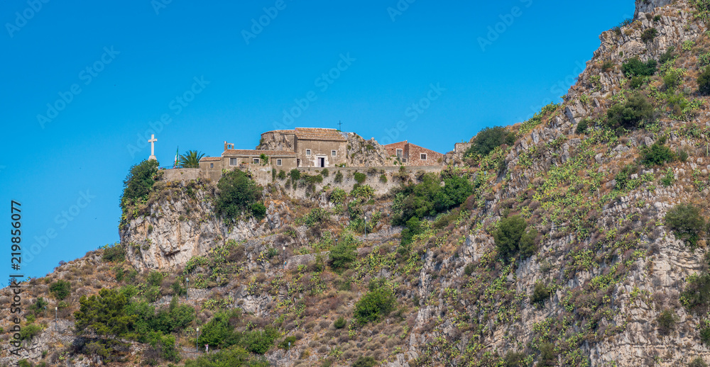 Castemola as seen from the Taormina ancient theater, Sicily Italy.