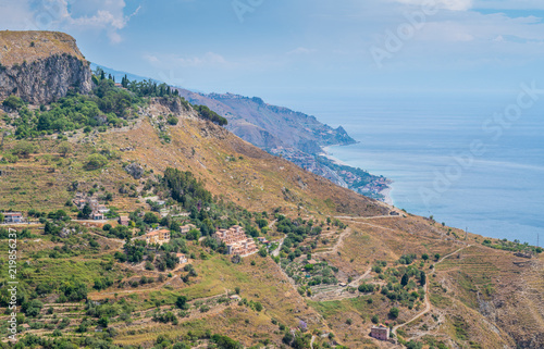 Panoramic view from Castelmola, an ancient medieval village situated above Taormina, on the top of the mountain Mola. Sicily, Italy.