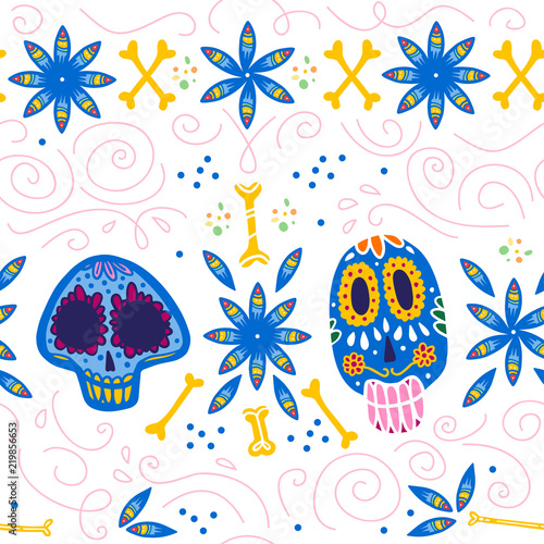 Vector seamless pattern for Mexico traditional celebration - dia de los muertos - with colorful skull, bones, floral ornament isolated on white background. Good for packaging design, print, decor, web