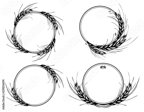 Rye, barley or wheat round frames or wreath on white background. Black and white hand drawn set design for cooking, bakery, tags or labels. JPG include isolated path