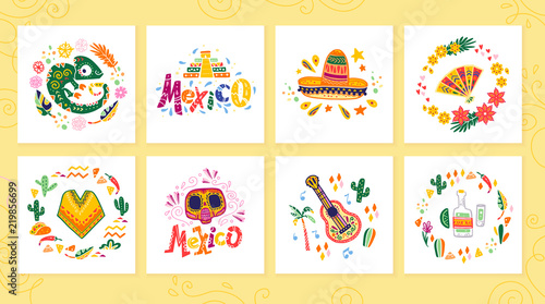 Vector collection of cards with traditional decoration Mexico party, carnival, celebration, fiesta event in flat hand drawn style. Text congratulation, skull, floral elements, petals, animals, cacti.