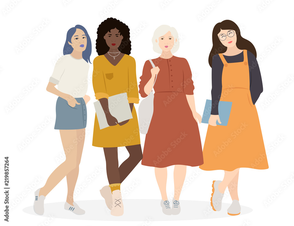 Obraz premium Vector roup of four flat cartoon women standing together. illustration on white background