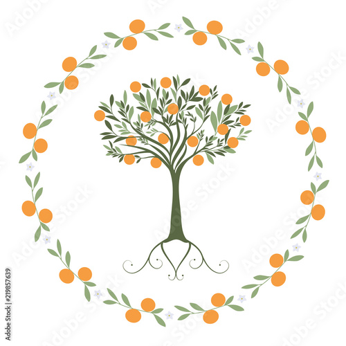Garland of leaves, oranges and orange blossoms with orange tree inside