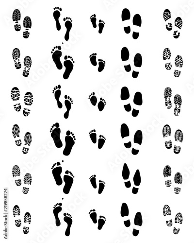 Black prints of shoes and human feet on a white background