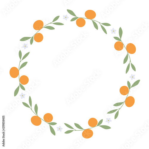 Wreath of leaves, oranges and orange blossoms on white background