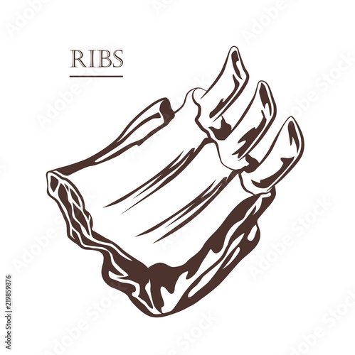 Meat food. Ribs isolated on white background. Cut of beef on the bone. Black and white hand drawn vector illustration. Icon, emblem, logo element.