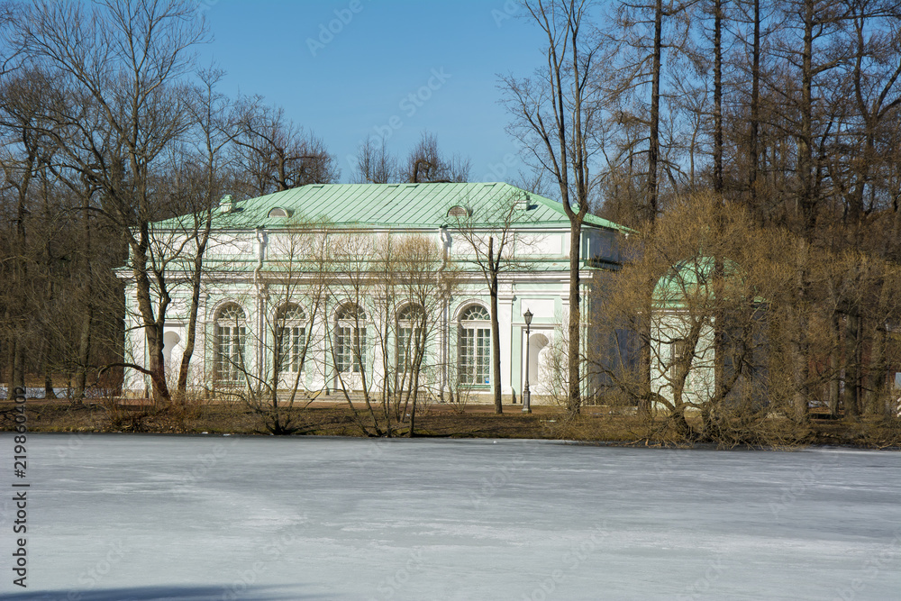 Concert Hall on the island of the Great Pond in spring in Catherine park, Saint Petersburg, Russia