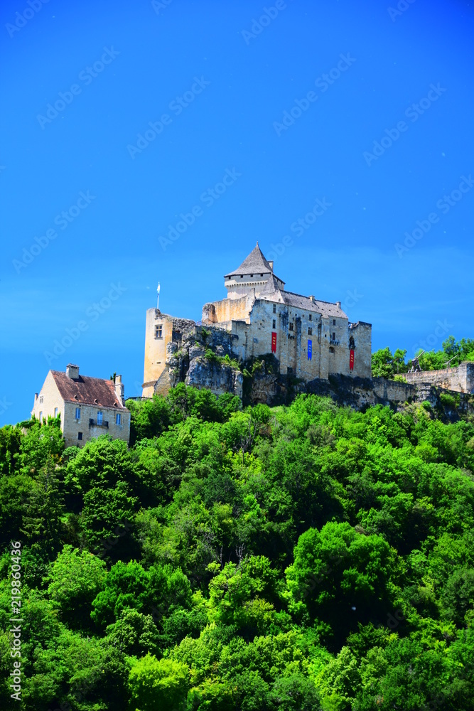 The medieval fortress and village of Castelnaud-la-Chapelle as seen from the Dordogne River in Aquitaine, France