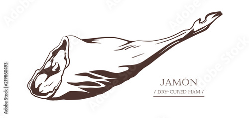 Jamon. Dry-cured ham isolated on white background. Pig leg. Black and white hand drawn vector illustration. Icon, emblem, logo element.