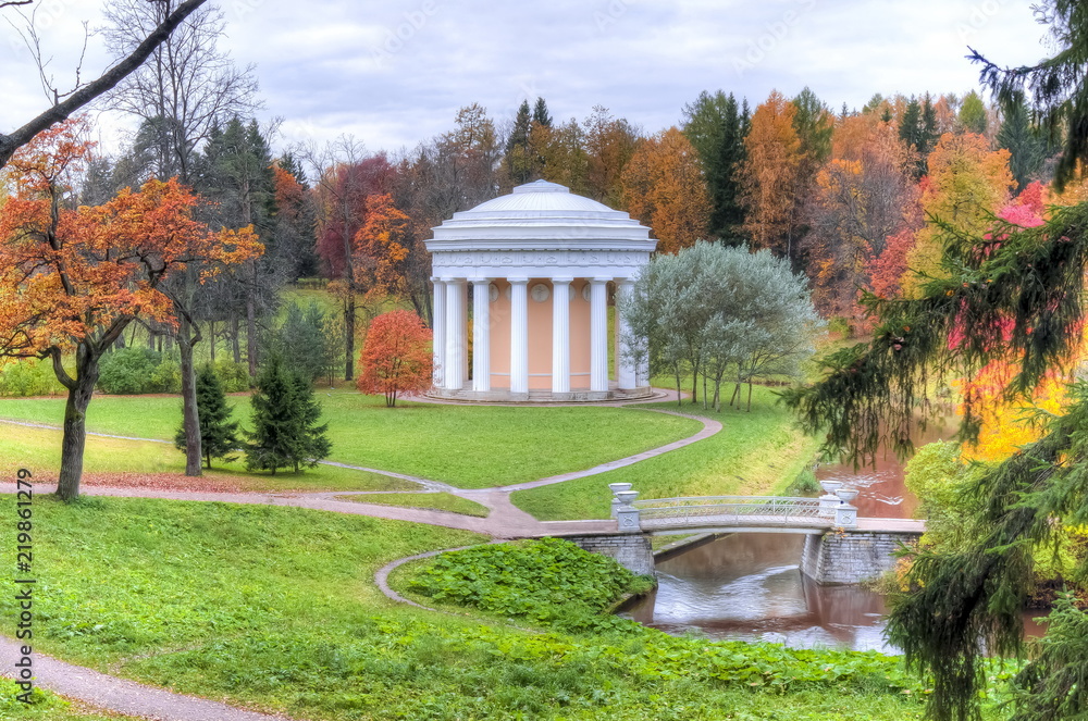 Temple of Friendship in Pavlovsk park during golden fall, Saint Petersburg, Russia