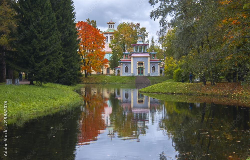 Fototapeta premium Chinese village in autumn in Tsarskoe Selo, Saint Petersburg, Russia