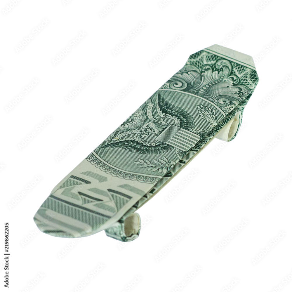 Money Origami SKATEBOARD Folded with Real One Dollar Bill Isolated on White  Background Stock Photo | Adobe Stock