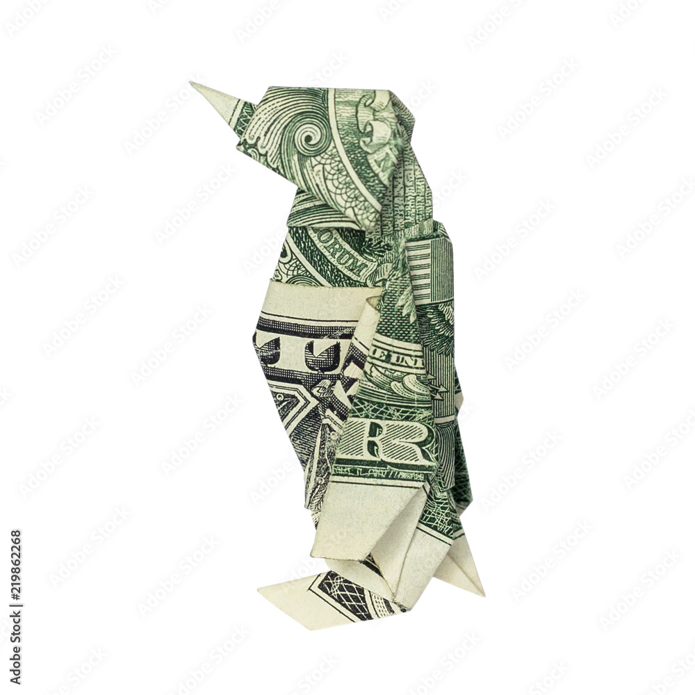 Money Origami PENGUIN Bird Folded with Real One Dollar Bill Isolated on