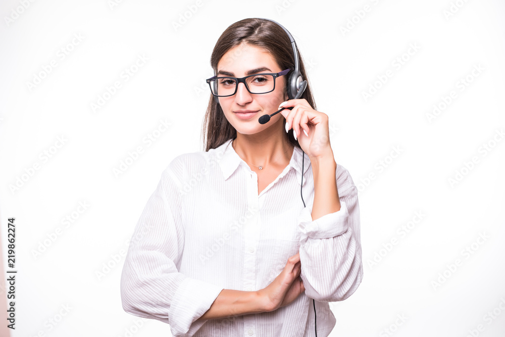 Personal assistant in the business. Hot helpline worker isolated on white background. Business woman call center assistant.