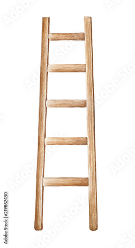 Wooden ladder watercolour. Symbol of process, growth, strength, start up. One single object, front view, standing, high altitude. Hand drawn water color painting on white, cutout clip art element.