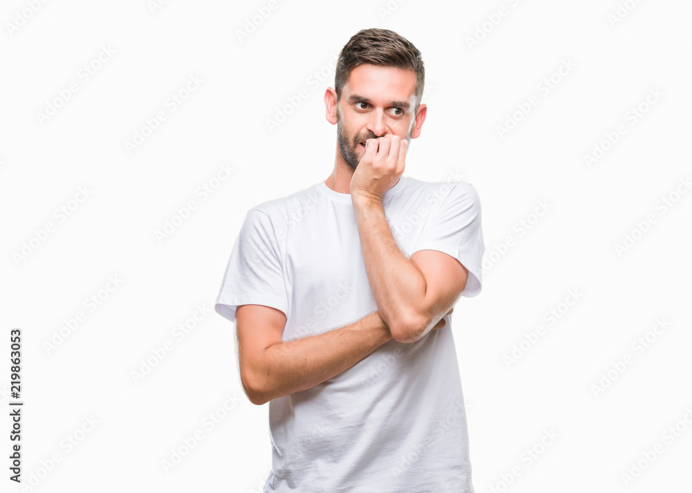 Young handsome man over isolated background looking stressed and nervous with hands on mouth biting nails. Anxiety problem. Young handsome man over isolated background looking stressed and nervous with hands on mouth biting nails. Anxiety problem.