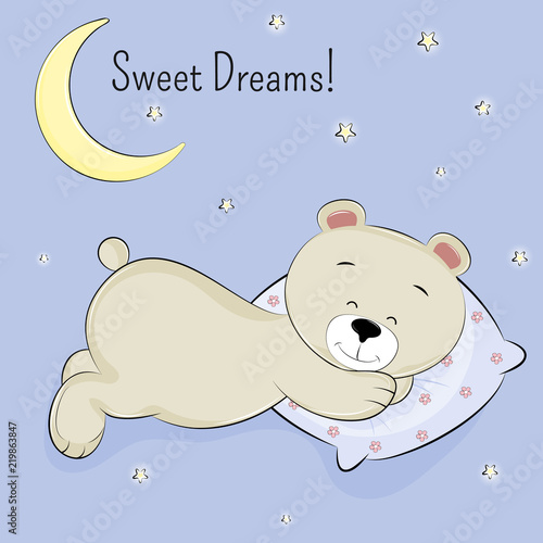 Greeting card cute bear sleeping and the inscription sweet dreams.