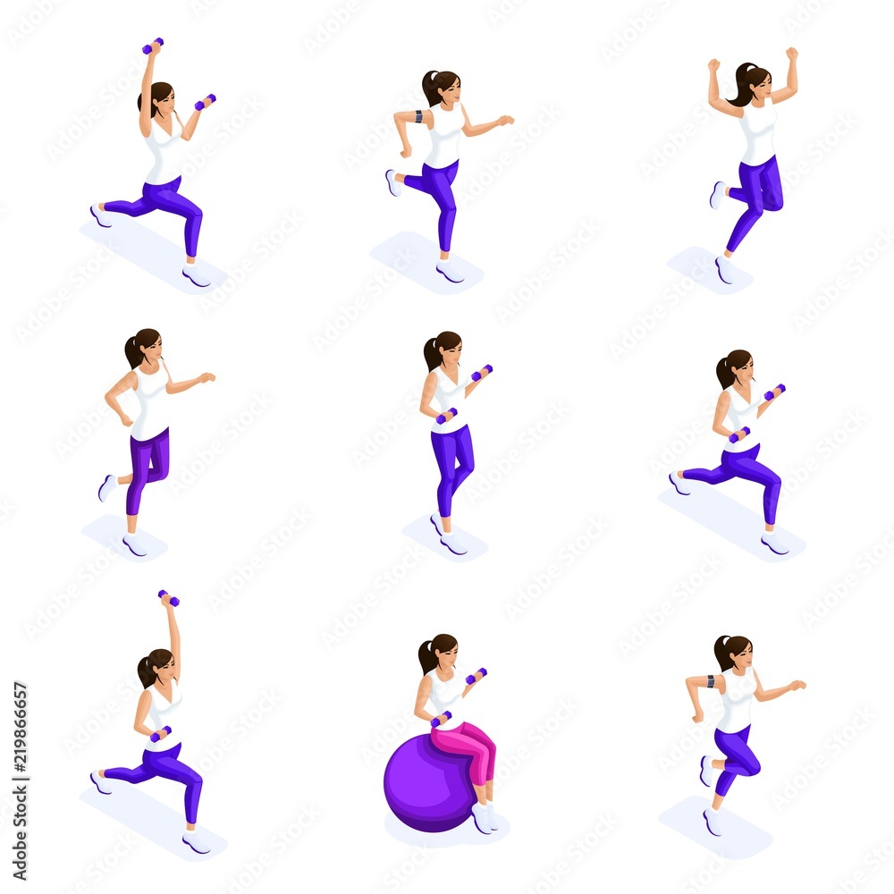 Isometrics of the girl are engaged in sports, sports figure, gymnastics, fitness, healthy lifestyle, the girl on the ball. Set of 3d characters