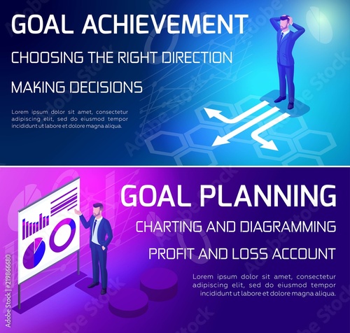 Isometrics bright banners, business concepts, 3D businessmen are building plans, brainstorming. Vector illustration