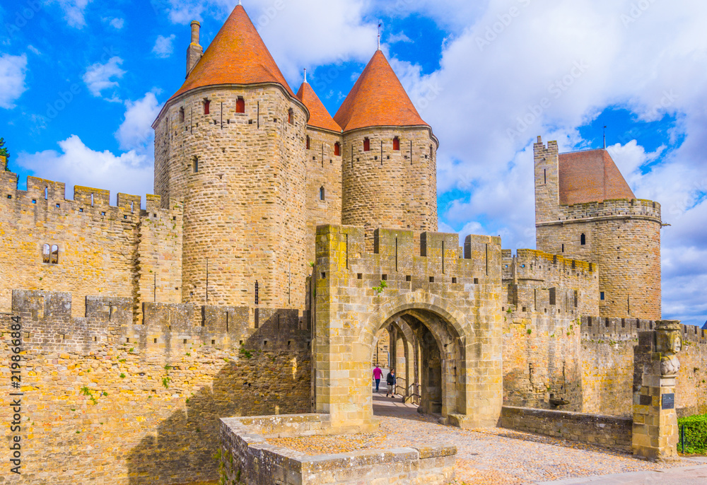 Porte Narbonnaise leading to the old town of Carcassonne, France Stock  Photo | Adobe Stock