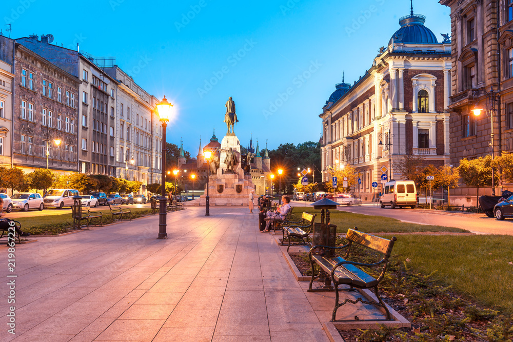 Krolewska street and Matejko square (Kingdom) at dusk, Krakow, Poland